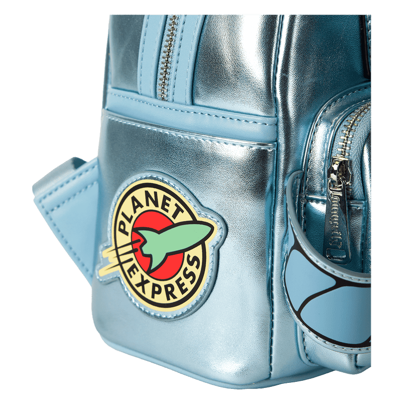Metallic blue backpack with 'Planet Express' logo on a white background