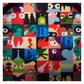 Multicolored patterned fabric with various shapes and characters on a black background