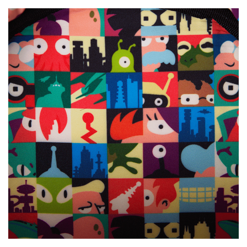 Multicolored patterned fabric with various shapes and characters on a black background