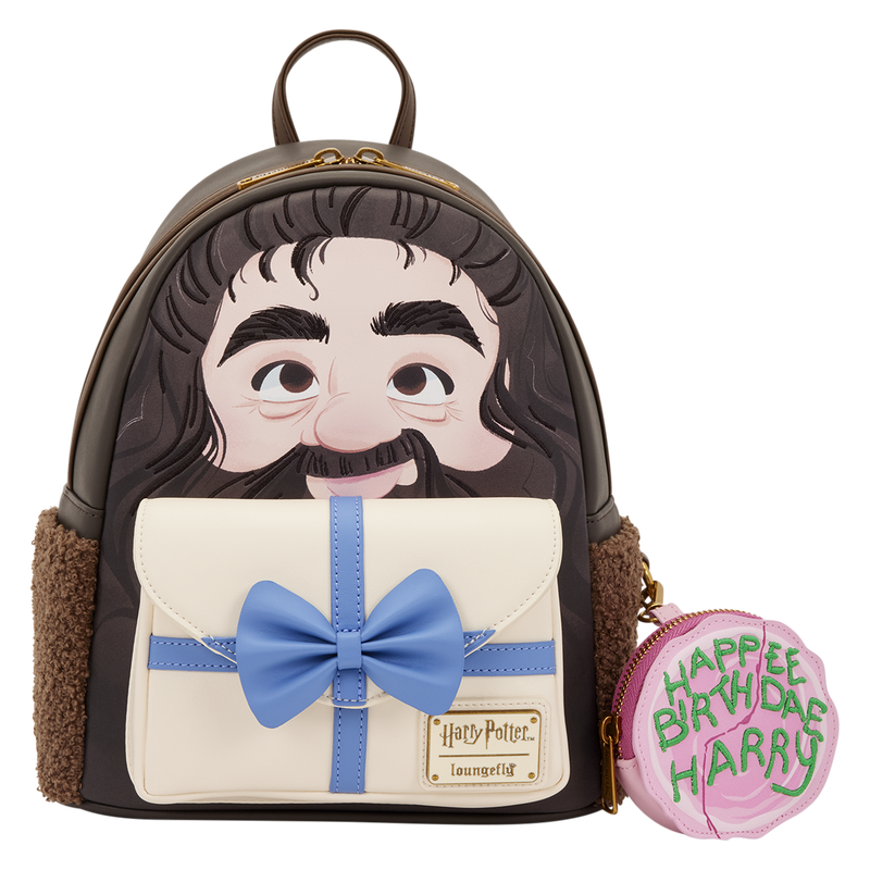 A Harry Potter themed mini backpack featuring a portrait of Harry Potter on the front, a cream gift box design with a blue bow and ribbon, and a pink round coin purse that reads 'HAPPEN BIRTHDAY HARRY'.