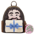 A Harry Potter themed mini backpack featuring a portrait of Harry Potter on the front, a cream gift box design with a blue bow and ribbon, and a pink round coin purse that reads &