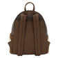 A brown faux-leather backpack with dark brown leather trim, dual top handles, and textured brown sherpa lining visible at the side pockets, shown from the back on a white background.