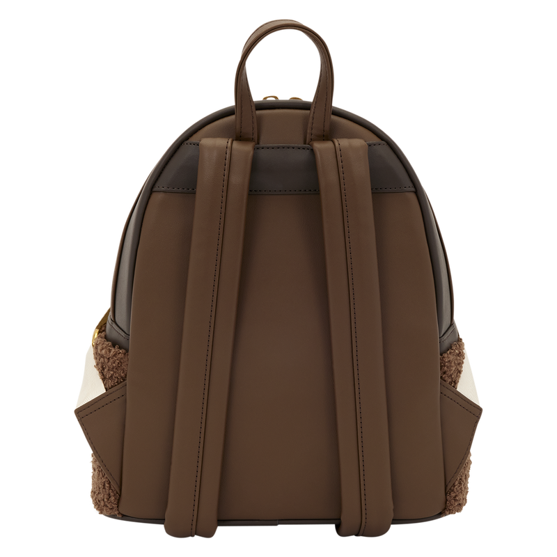 A brown faux-leather backpack with dark brown leather trim, dual top handles, and textured brown sherpa lining visible at the side pockets, shown from the back on a white background.