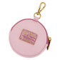 A round pink faux-leather coin purse featuring a gold-tone metal clasp and a central gold and pink 'Harry Potter's Lavandist' logo patch.