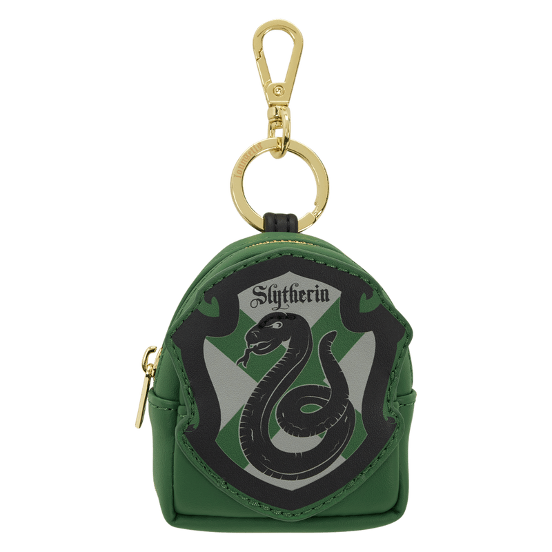 Green pouch with Slytherin emblem and gold keychain on a white background