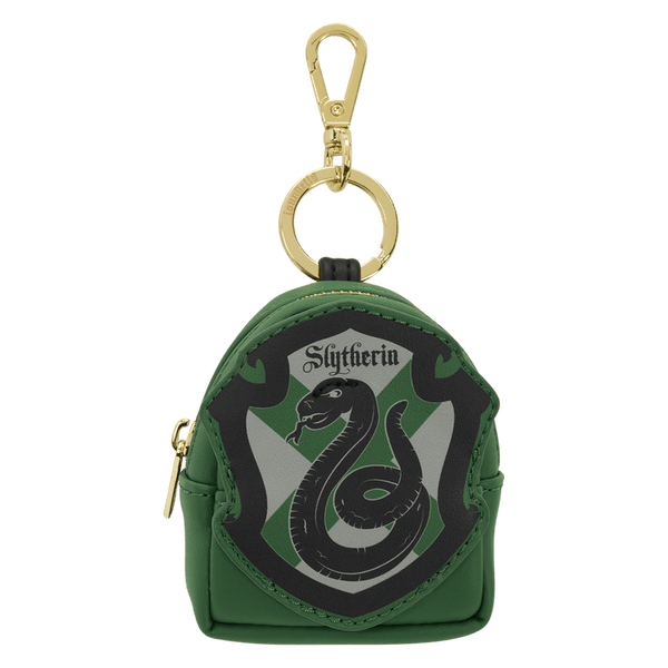Green pouch with Slytherin emblem and gold keychain on a white background