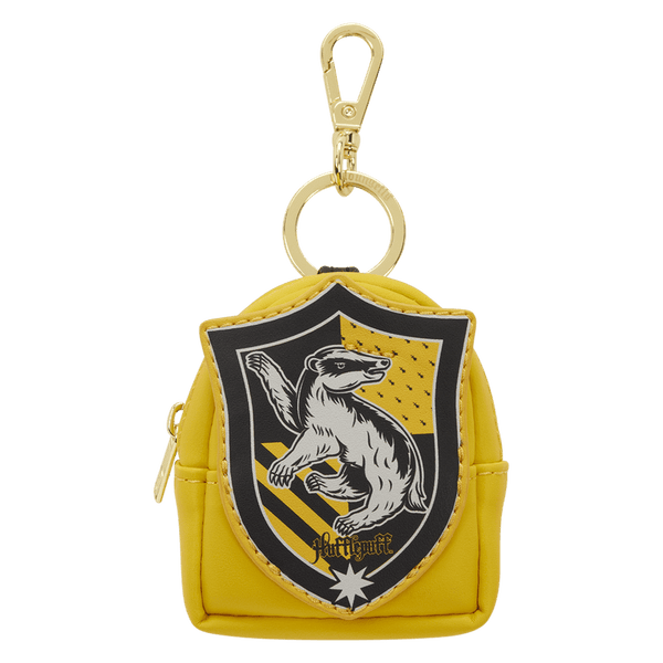 Yellow pouch with a black and gold crest featuring a lion, attached to a keychain on a white background.