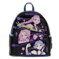 Black backpack with animated character designs on a white background