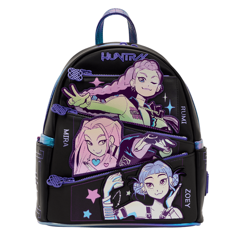 Black backpack with animated character designs on a white background
