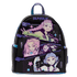 Black backpack with animated character designs on a white background