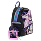 Black backpack with character designs and a pink tag on a white background