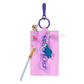 Pink keychain pouch with colorful beads and a blue fish charm on a white background