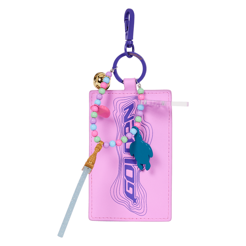 Pink keychain pouch with colorful beads and a blue fish charm on a white background