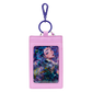 Pink keychain card holder with a character design on a white background