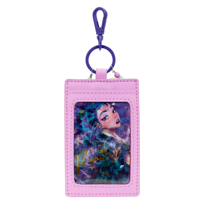 Pink keychain card holder with a character design on a white background