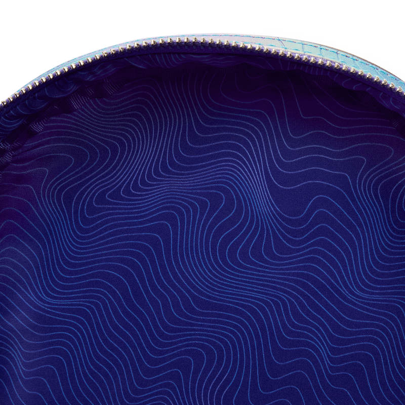 Close-up of a blue pouch with wavy pattern