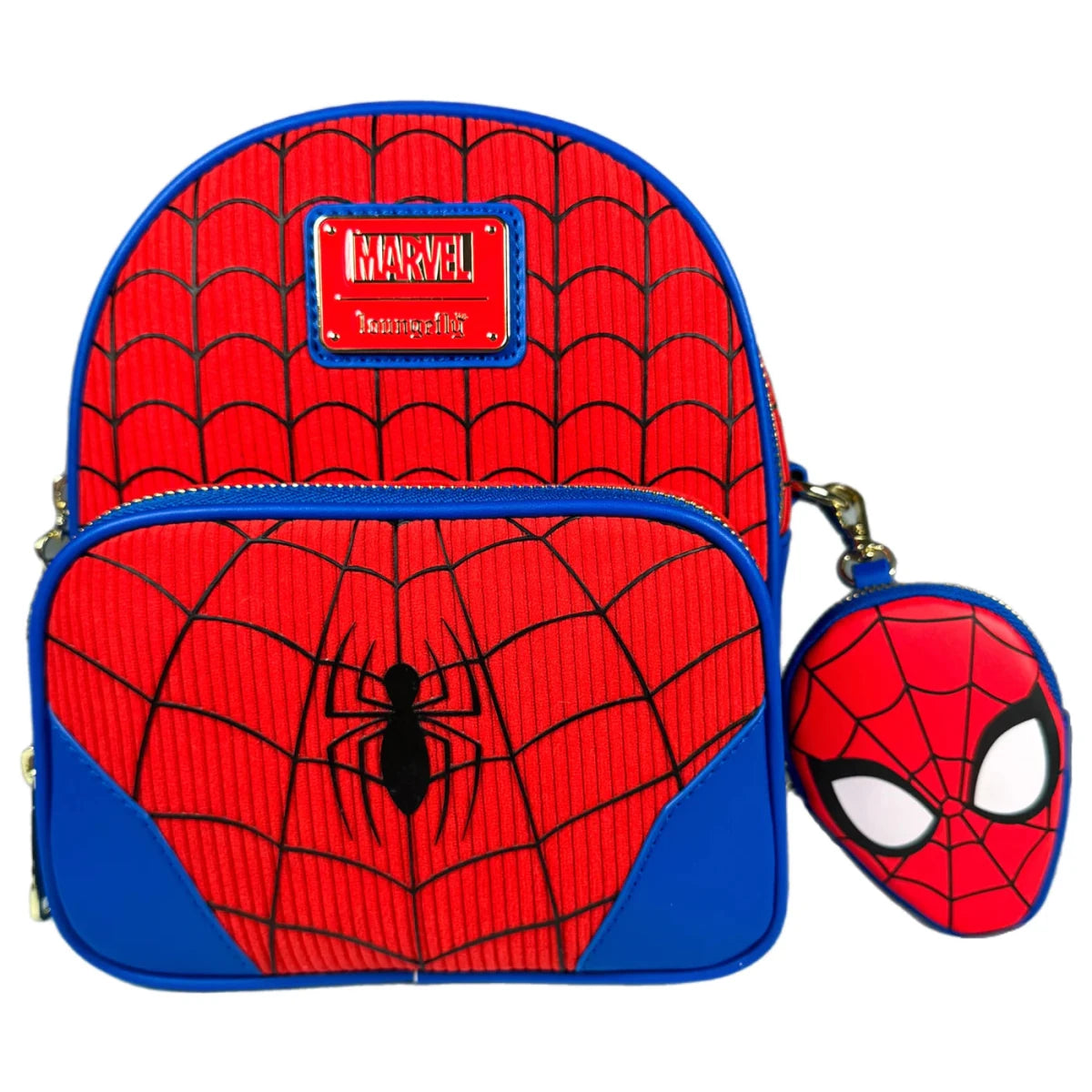Spider-Man backpack with mask on a white background