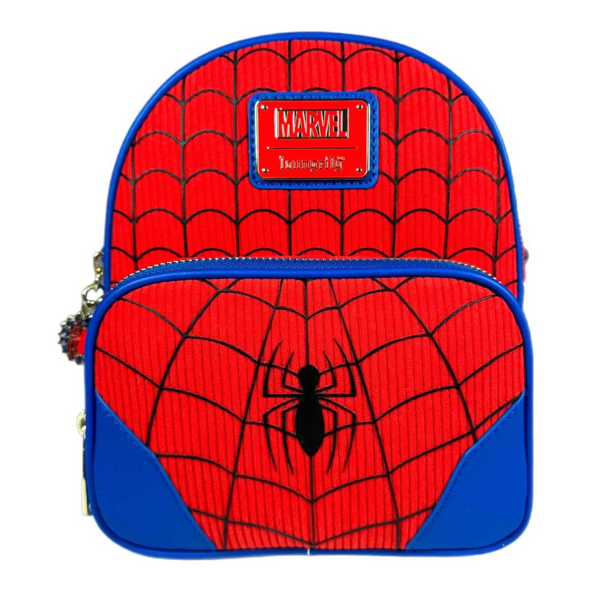 Spider-Man themed backpack with red and blue design on a white background