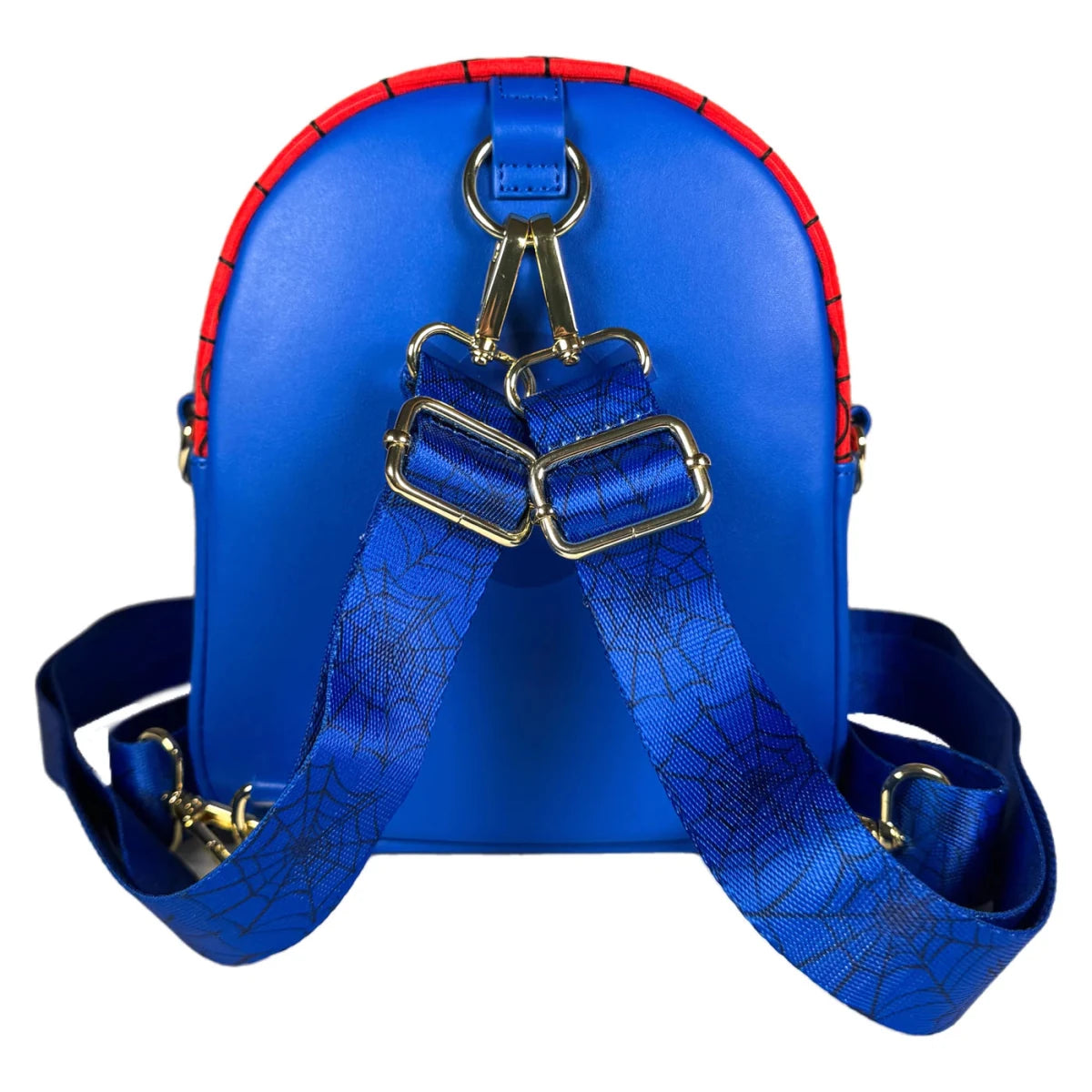 Blue backpack with red accents and a matching strap on a white background