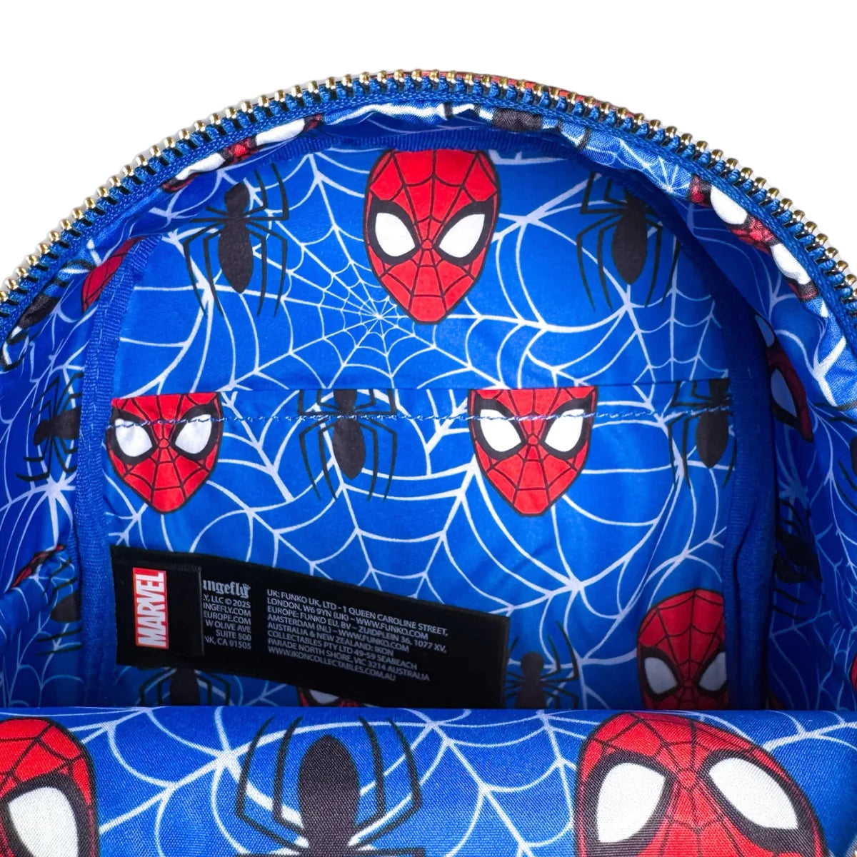 Spider-Man patterned bag with Marvel branding on a blue background