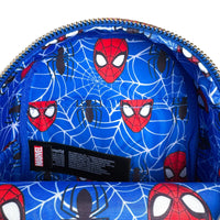 Spider-Man patterned bag with Marvel branding on a blue background