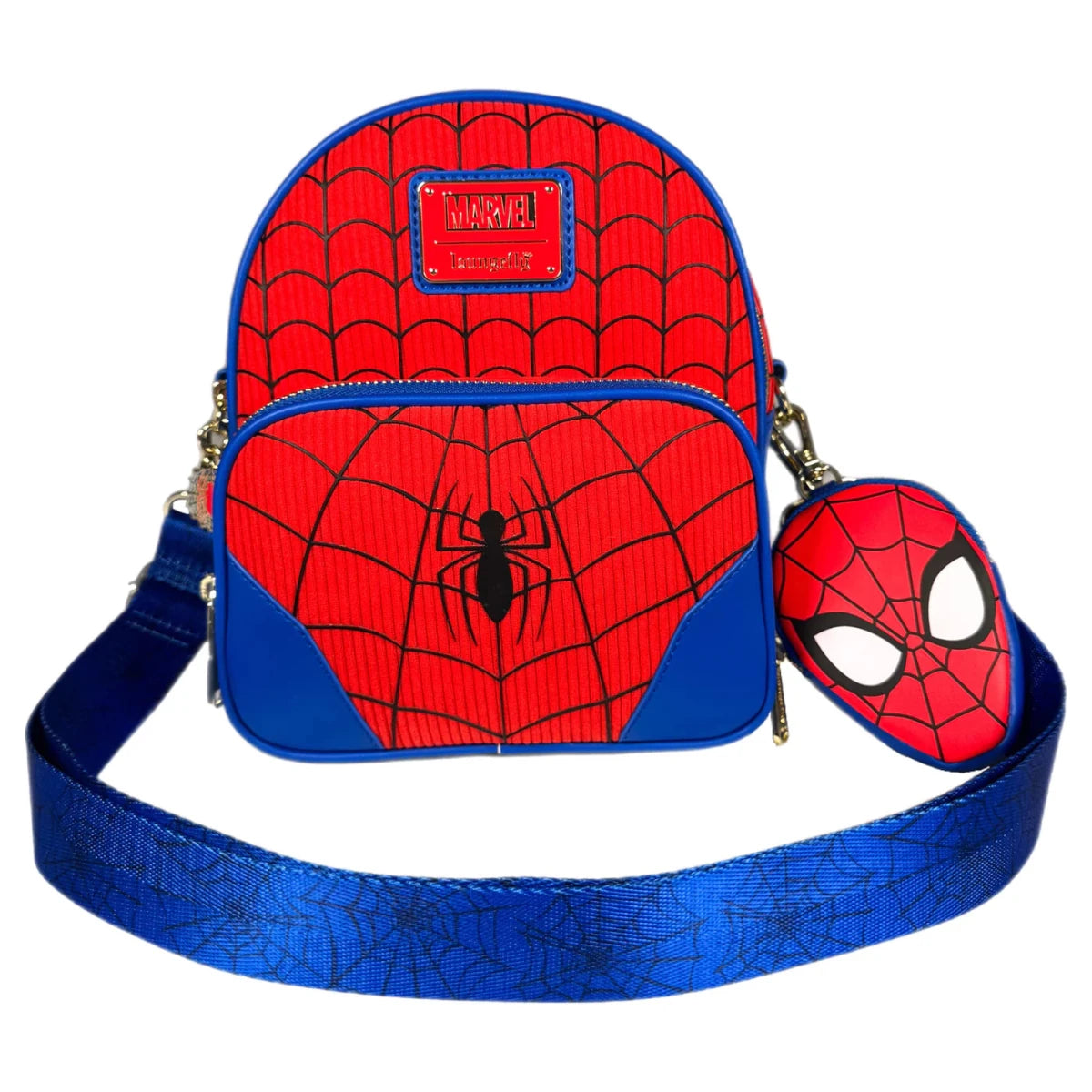 Spider-Man themed backpack with face mask on a white background