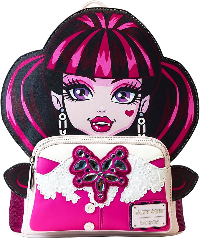 Animated character with pink hair and a white bag featuring a pink butterfly design.
