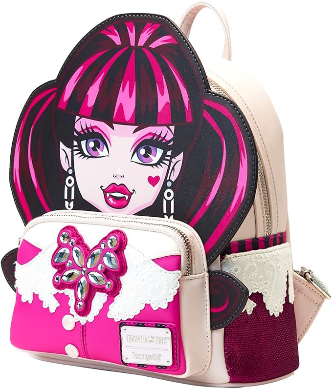 Backpack with character design and pink butterfly accessory on a white background