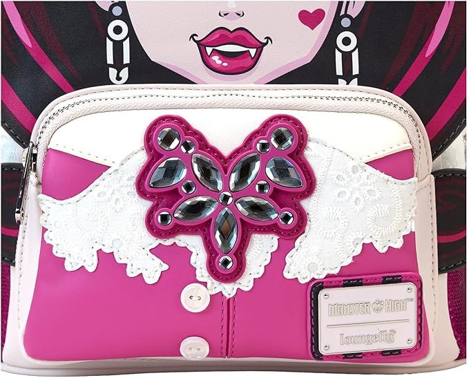 Pink handbag with decorative bow and lace details, featuring a visible brand logo, against a colorful background.
