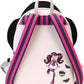 Backpack with pink and black straps featuring a character design on a white background
