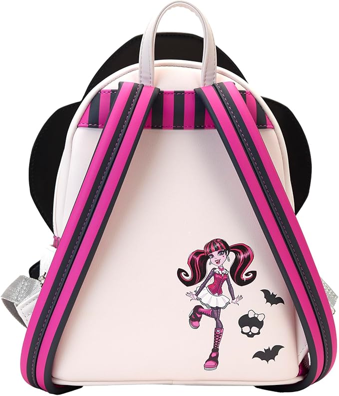 Backpack with pink and black straps featuring a character design on a white background