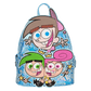 Backpack with cartoon character faces on a blue background