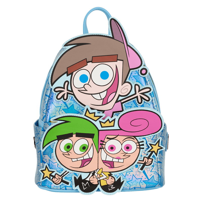 Backpack with cartoon character faces on a blue background