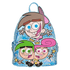Backpack with cartoon character faces on a blue background