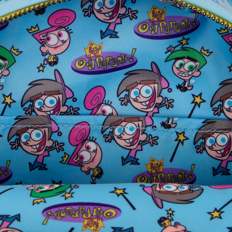 Cartoon character pattern on a blue background with 'Oddparents' logo.