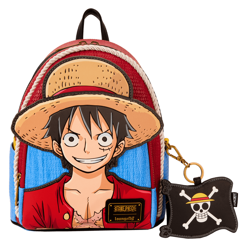 Backpack with character design and keychain on a white background