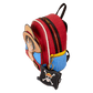 Red and blue backpack with cartoon character and keychain on a white background