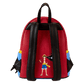 Red backpack with a character design on a white background