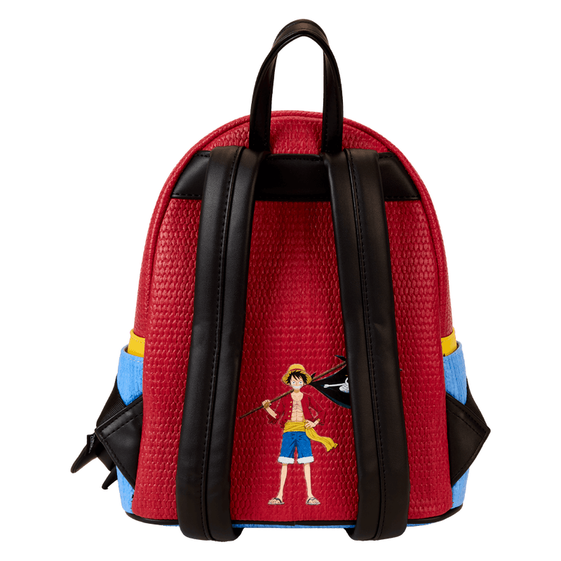 Red backpack with a character design on a white background