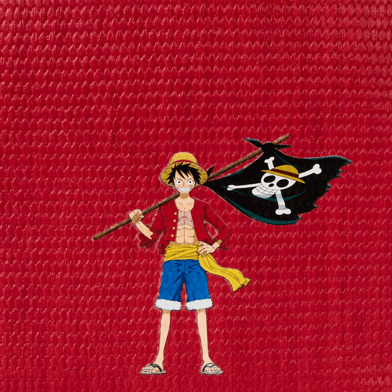 Character holding a pirate flag on a red textured background