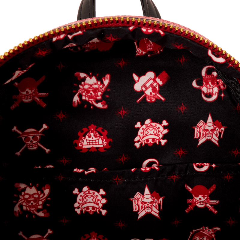 Black bag with red embroidered patterns on a white background