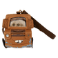 A brown Mater-themed crossbody bag designed like the Disney Pixar character Mater, featuring a clear window showing cartoon eyes, a printed smile, and a brown shoulder strap on a white background.
