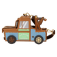 A tow truck-shaped keychain or bag charm with a brown faux-leather body, light blue side panels, a mint green side panel, and a gold-tone tow arm and hardware, shown on a plain white background.