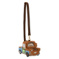A character-shaped crossbody phone bag designed like a rusty brown tow truck with a long brown strap and gold-tone clasp, shown on a plain white background.