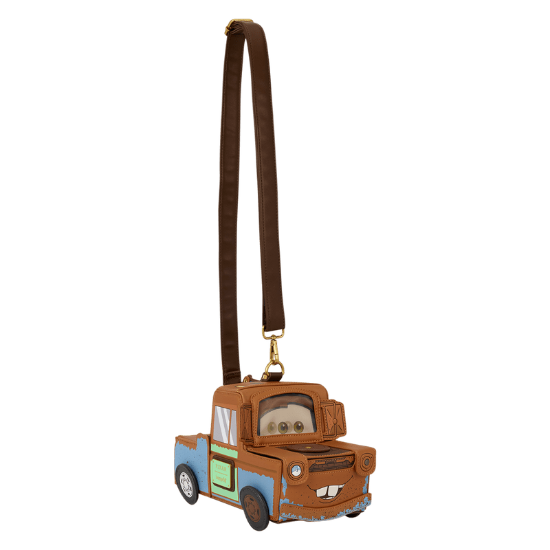 A character-shaped crossbody phone bag designed like a rusty brown tow truck with a long brown strap and gold-tone clasp, shown on a plain white background.