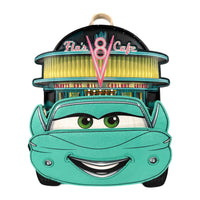 Loungefly Pixar Cars Flo Mini Backpack featuring a sleek retro design inspired by Flo's iconic teal and white paint job.