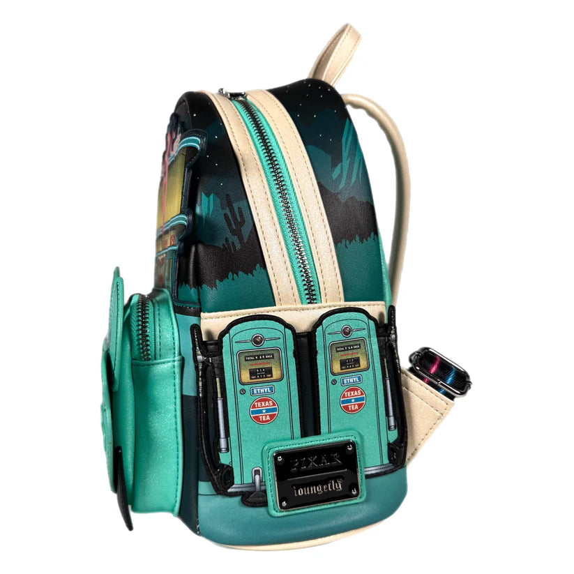 Loungefly Pixar Cars Flo Exclusive Backpack showcasing a vintage automotive aesthetic with bold, vibrant colors.