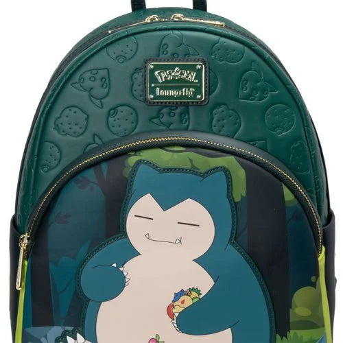 A Loungefly x Pokemon backpack featuring Snorlax on the front pocket, with a dark green embossed top panel and a black side pocket.