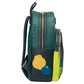 A dark green and navy backpack featuring embossed fruit patterns, gold zippers, and a front pocket with applique patches of yellow and blue fruit on a white background.