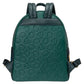 A dark green backpack featuring an embossed pattern of fruits, with dark green faux-leather trim, top handles, and side straps on a white background.